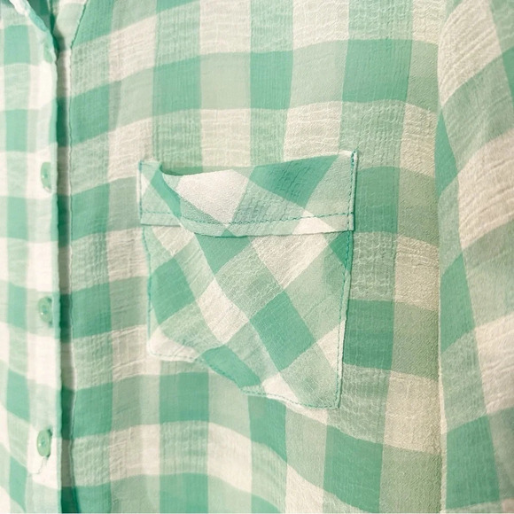 FREE PEOPLE Semi Sheer Gingham Blouse Button Up Top Green White High Low Small - Picture 6 of 12